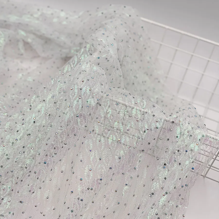 2022 new design shiny multicolor peacock feather pattern rhinestone process jacquard lurex mesh with stone