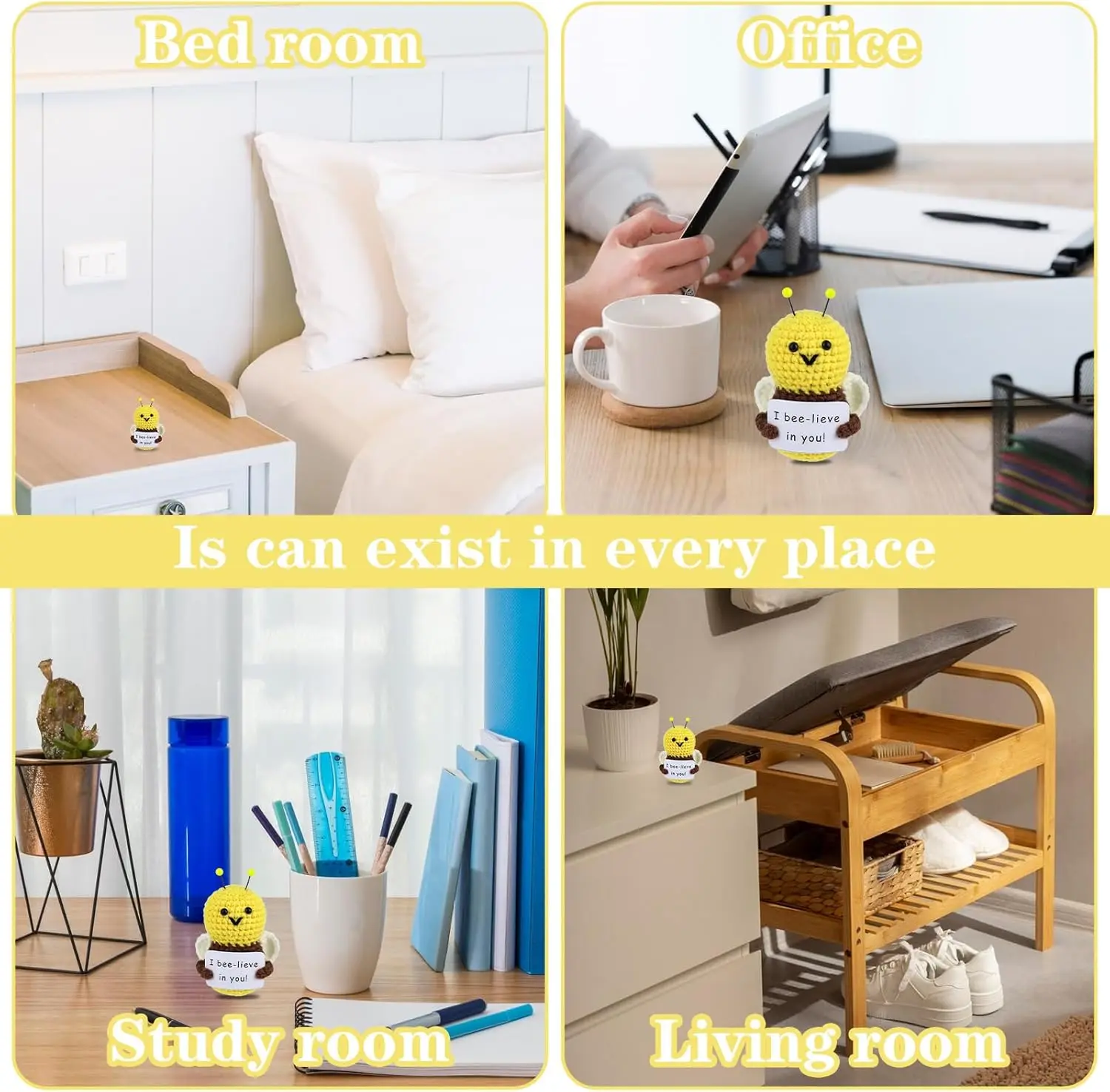 4 Inch Positive Bee Crochet Cute Wool Funny Knitted Positive Bee I Bee-lieve in You Doll Gifts for Birthday Friends Part