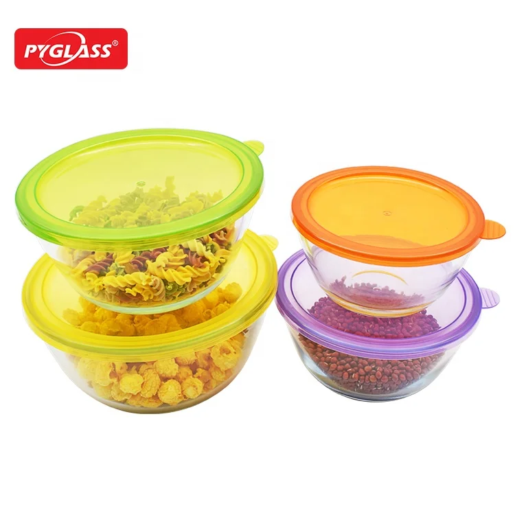 4 piece high borosilicate Kitchen & Tabletop dinnerware glass salad bowl set with PP lid