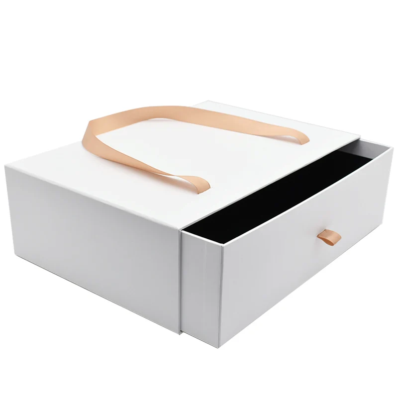 High Quality Large White Cardboard Gift Drawer Box with Bag Ribbon Handle Black Inside Sliding Paper Packaging Boxes