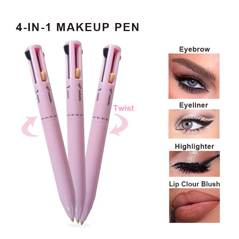 New arrived high pigment vegan waterproof lasting eyebrow pen eyeliner lip liner highlighter pen 4 in 1 makeup pen wholesale