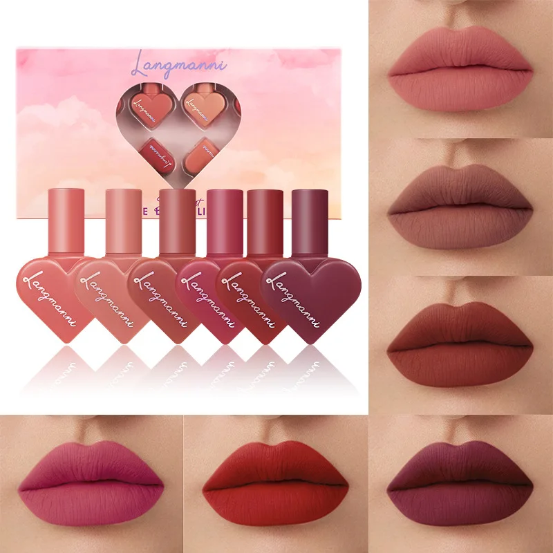 New waterproof heart shape 12pcs velvet matte liquid Red lipstick Set Women Lip Makeup Lipgloss Kit