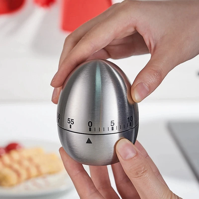 Creative 60 Minute Stainless Steel Egg-Type Kitchen Timer Mechanical Student Timing Reminder for Baking Cooking Metal Appearance