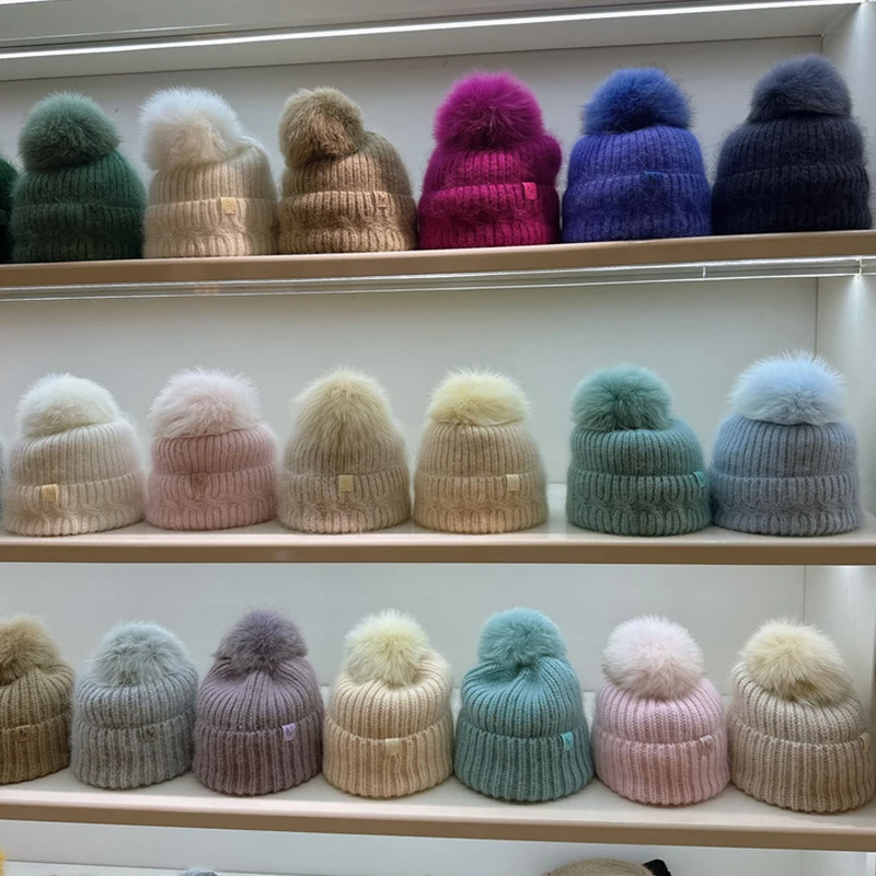 Natural Fox Fur Pompom Beanie Winter Knitted Hats for Women Warm Stripe Wool Beanie Custom Colorful Wide Cuff Skull Hat