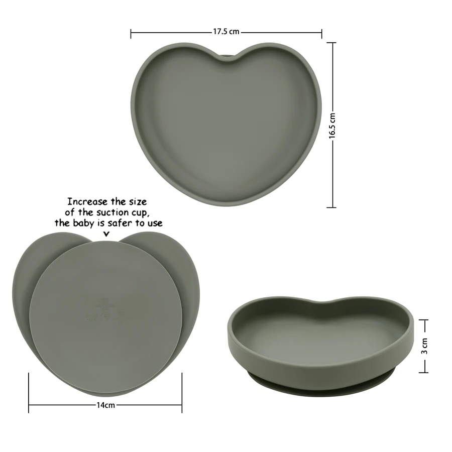 Popular Food Grade Baby Durable Cute Heart Shape Soft Safety Anti Drop Silicone Suction Plate Feeding Tableware For Newborn