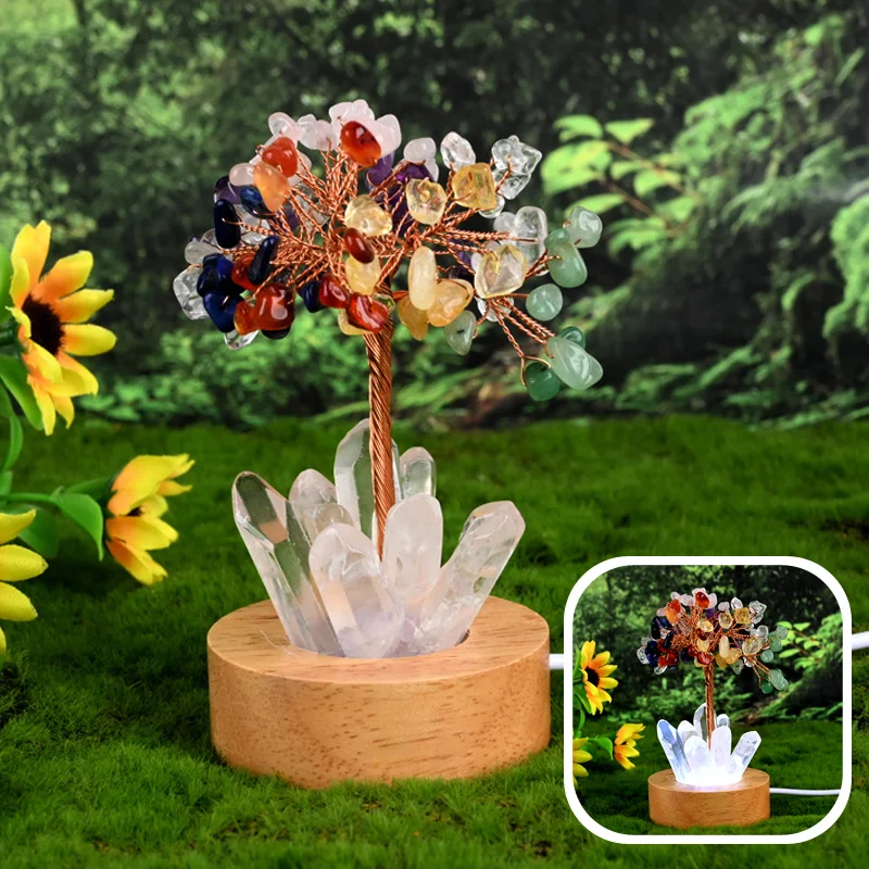 Wholesale Life Tree Natural Seven Chakra Healing Gemstone LED lamp Money Tree 7 Chakra Crystal Chip Feng Shui Tree