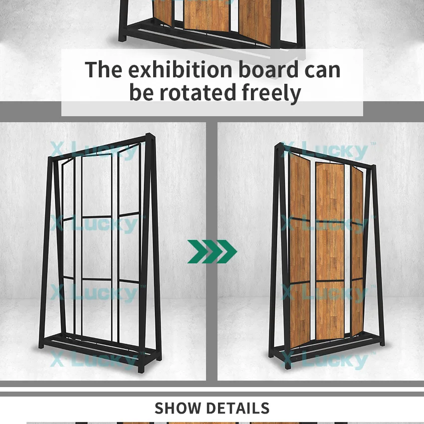 rotating large page turning stone display stand,wood floor sample display rack parquet display
