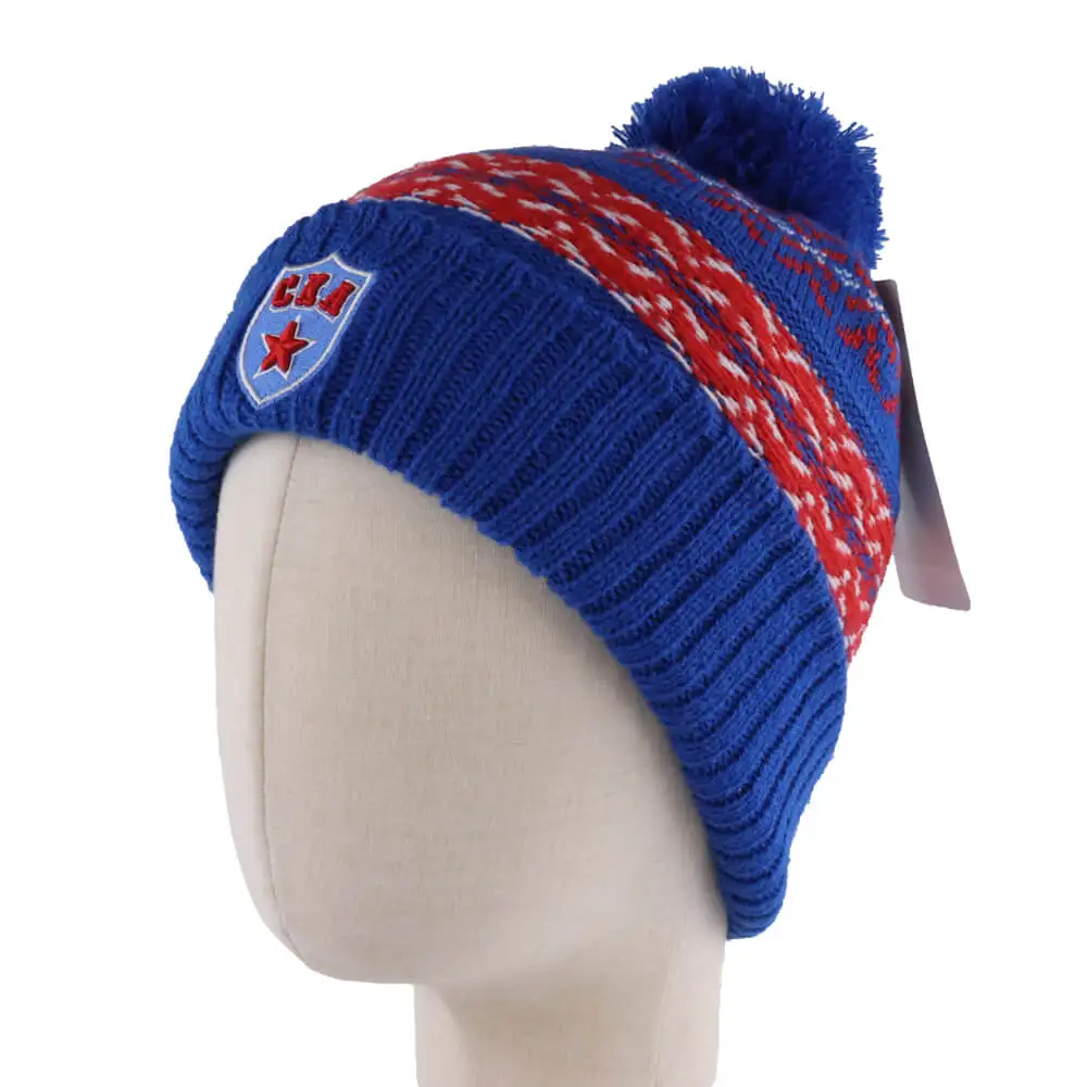 Custom embroidery cuffed beanie with Pom Pom and jacquard logos winter hat factory