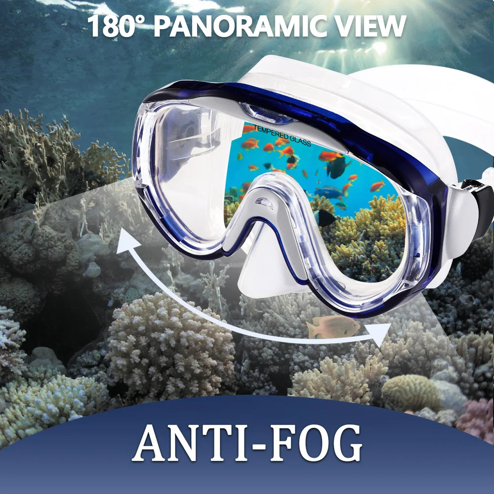 Adult Diving Mask With Automatic Clip On Tempered Glass Lens Anti Fog Leak Proof Adjustable Headband Silicone Diving Mask