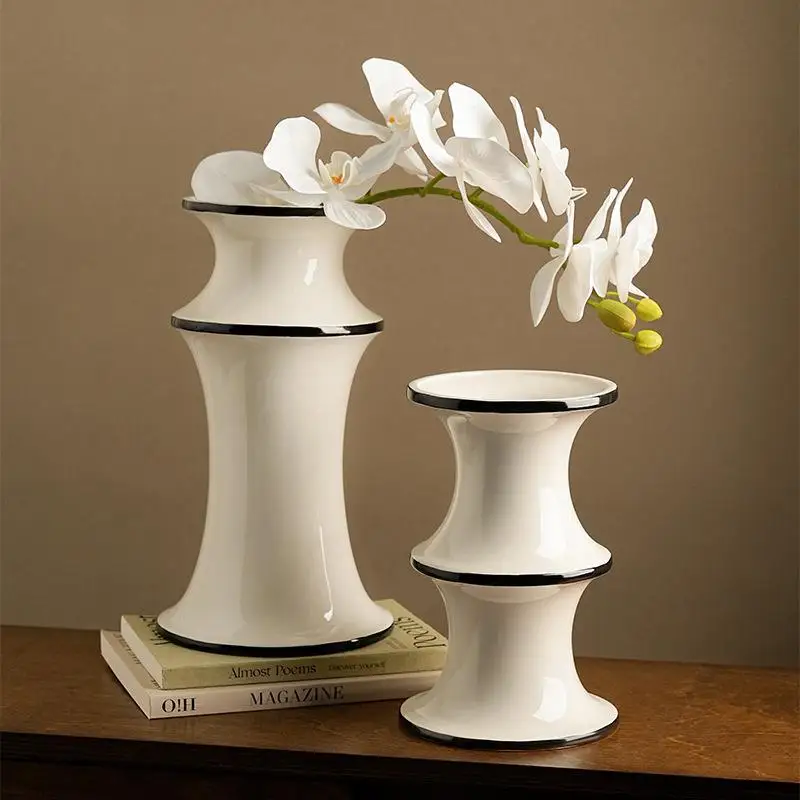 Modern Minimalist Bamboo Geometric Ceramic Vase Vintage White Black Color Block Design Hotel Home Office Decor Wedding Pot