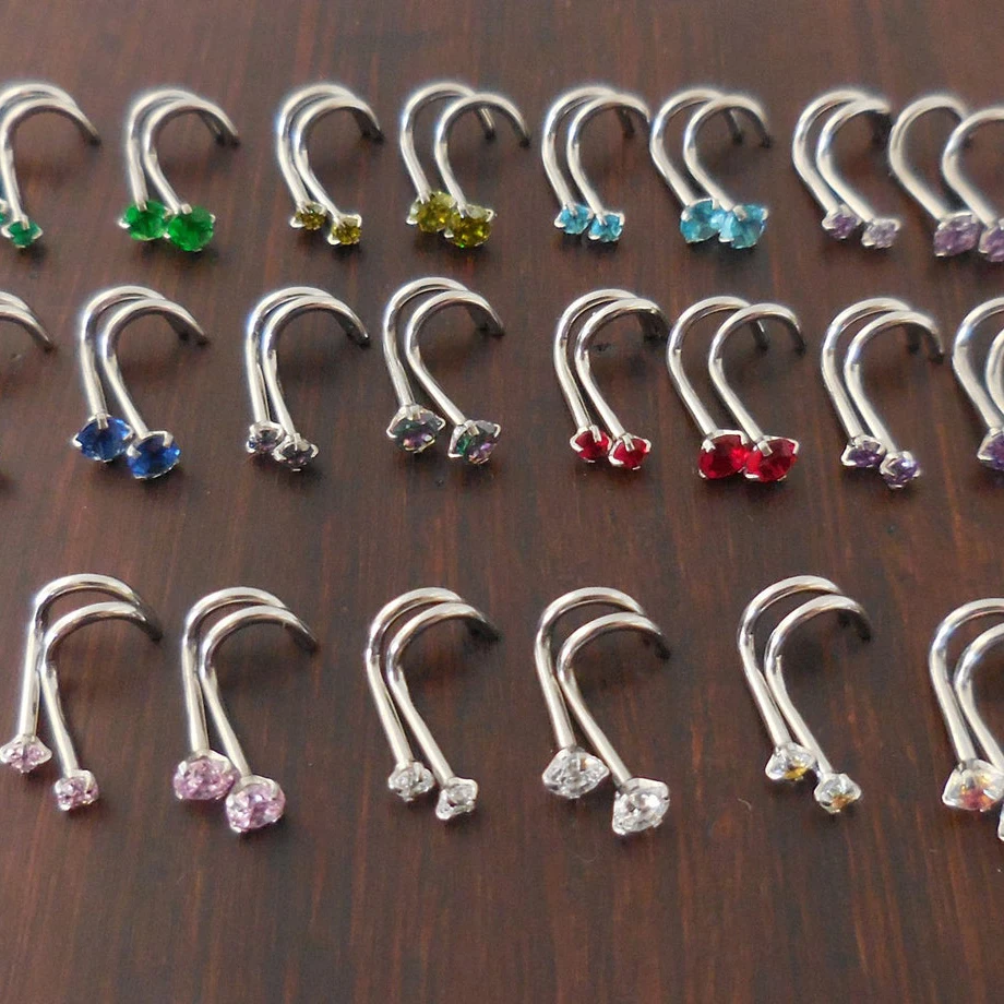 Pair 2mm or 3mm Prong Set Screws Nose Rings Many Colors Stainless Steel Gold Tone Rainbow Prism Crystal CZ 20G or 18G