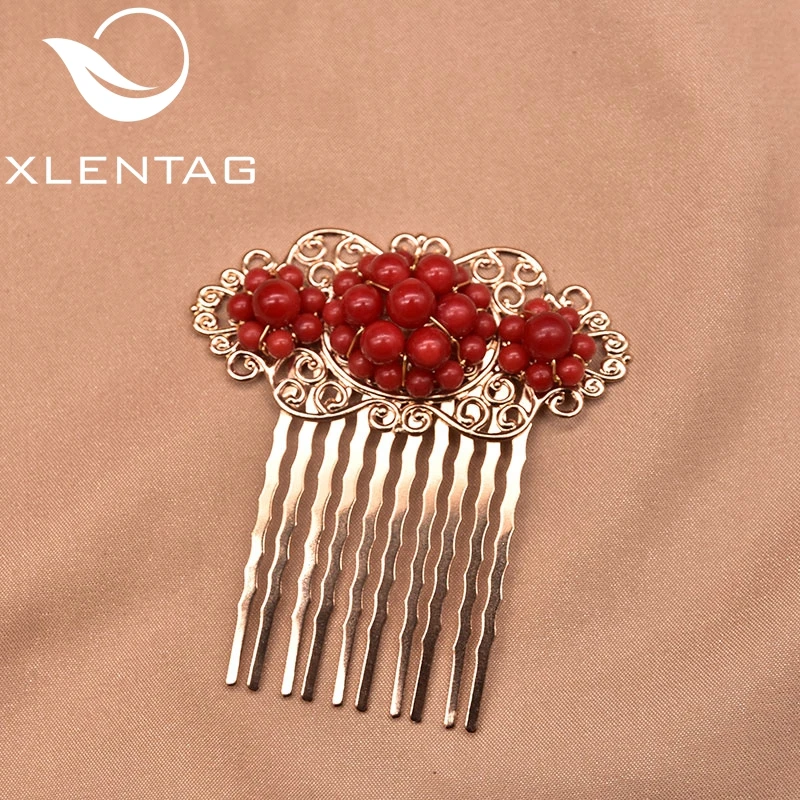 Natural Round Coral Hair Clip Wedding Bridal Jewelry 18k Gold Vintage Hair Accessori For Woman