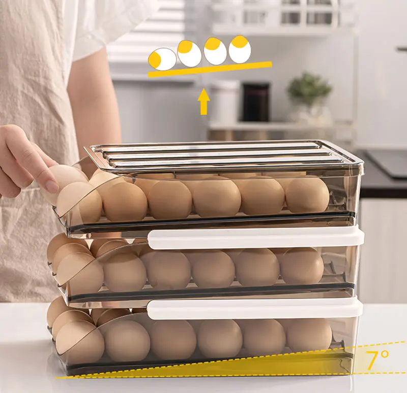 RSC-кухонный ящик для хранения яиц, ящик для холодильника с автоматической прокруткой, пластиковый контейнер для хранения свежести яиц, держатель с крышкой