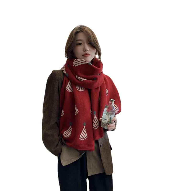 Роскошный красный Рождественский шарф 25202 шт., женский зимний теплый новый милый вязаный шерстяной шарф, шаль