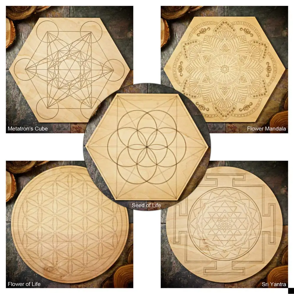 6 Inch Sacred Geometry Grid Board Stress Relief Mini Crystal Grid Set With Amethyst Laser Cut Wood Crystal Grid Mat