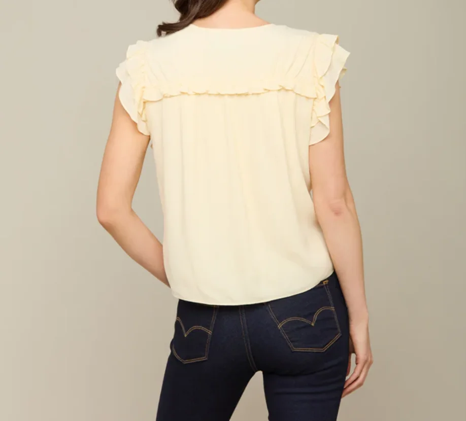 Customize new design Ruffle Blouse Tie front closure fully lined Ruffle detail at neck and short sleeves ladies blouses
