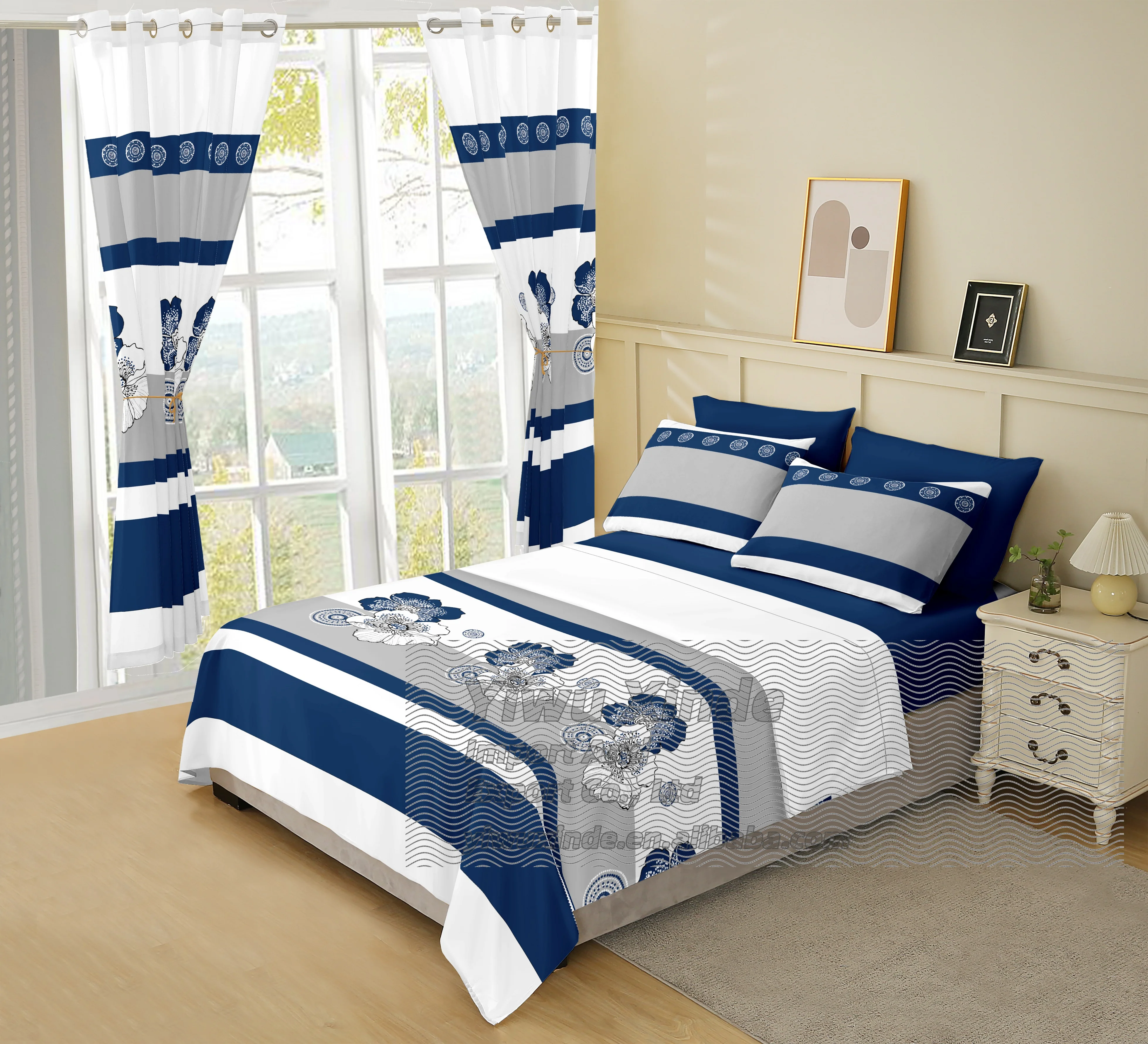 Ready to ship bed 8 pieces bed sheet set king size cotton with curtains cheap price bedding set for bed sheets