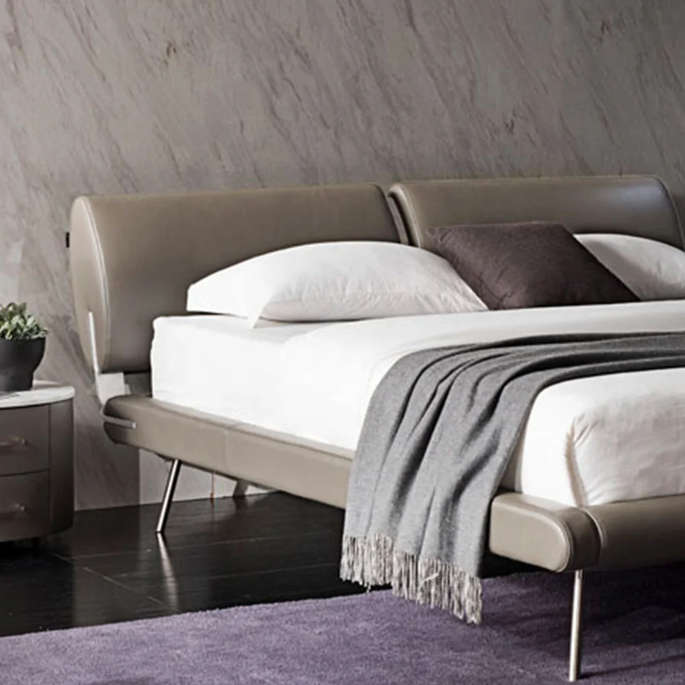 
King Size Modern Double Leather Upholstered Backrest Metal Aluminum Sheet Support Bed Frame 