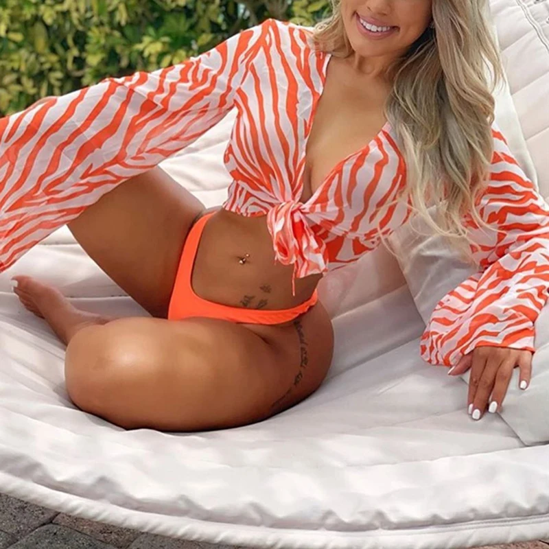 Новинка 2019, купальник из 3 предметов, Женский оранжевый купальник, Высококачественная Пляжная накидка