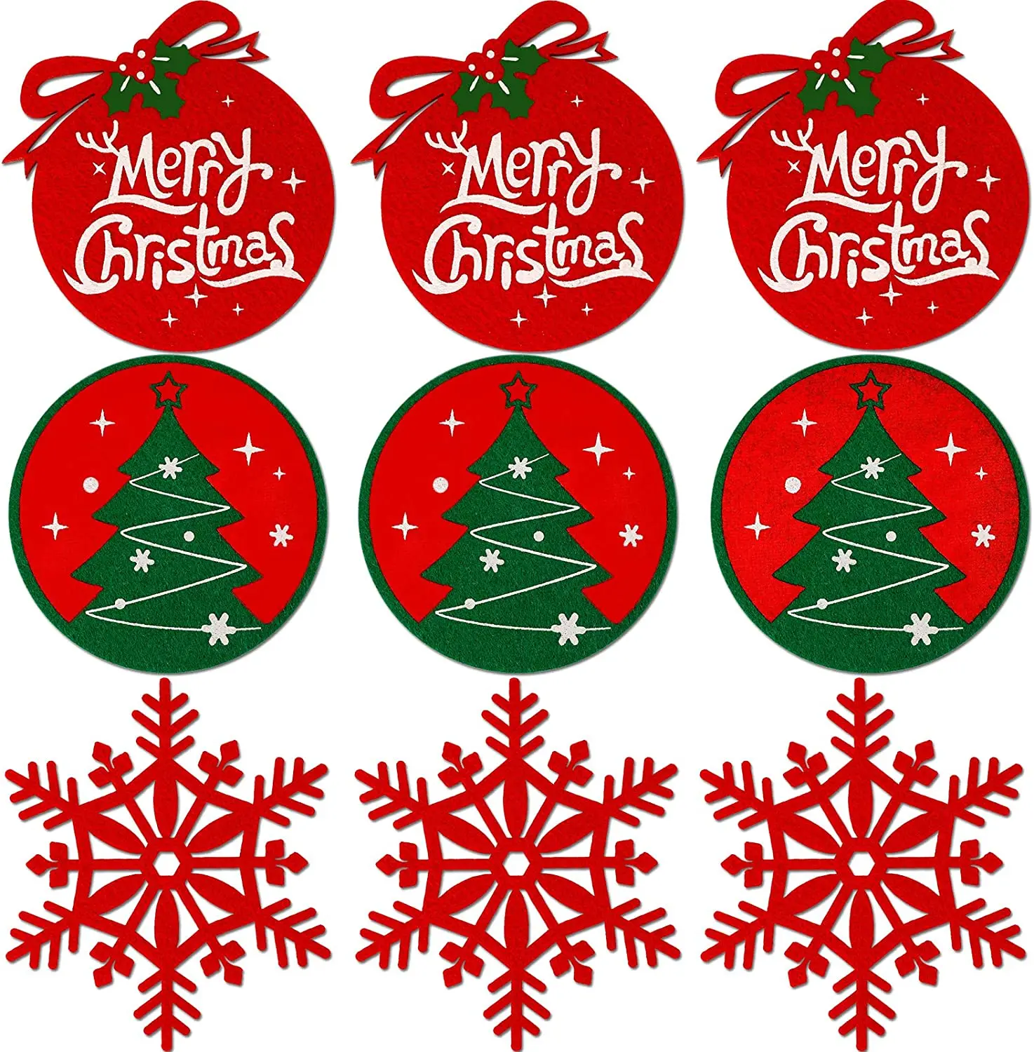 9 Pack Christmas Holiday Coasters for Drinks, Christmas Tree Snowflake Drinks Wine Coffee Cup Felt Drink Coasters