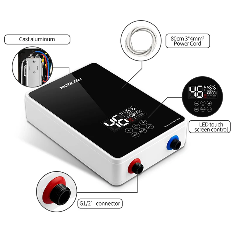 New Design Portable Hot Shower Electric Instantaneous Water Heaters 1 Piece Stainless Steel Touch Button Wall Mounted IPX4 8000