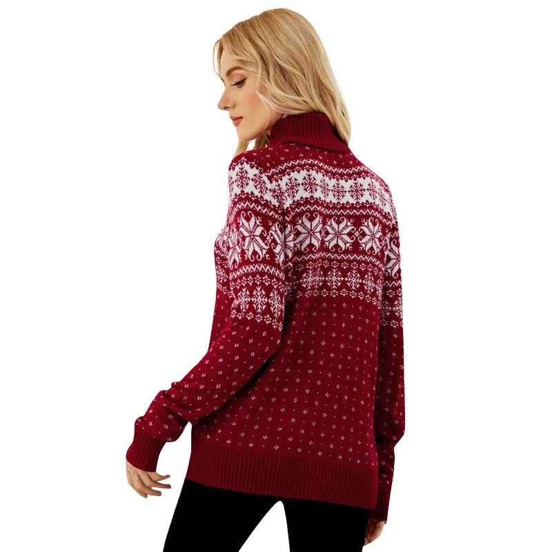 Wholesale High Neck Red Blue White Contrast Color Snowflake Jacquard Knitted Women Christmas Sweaters