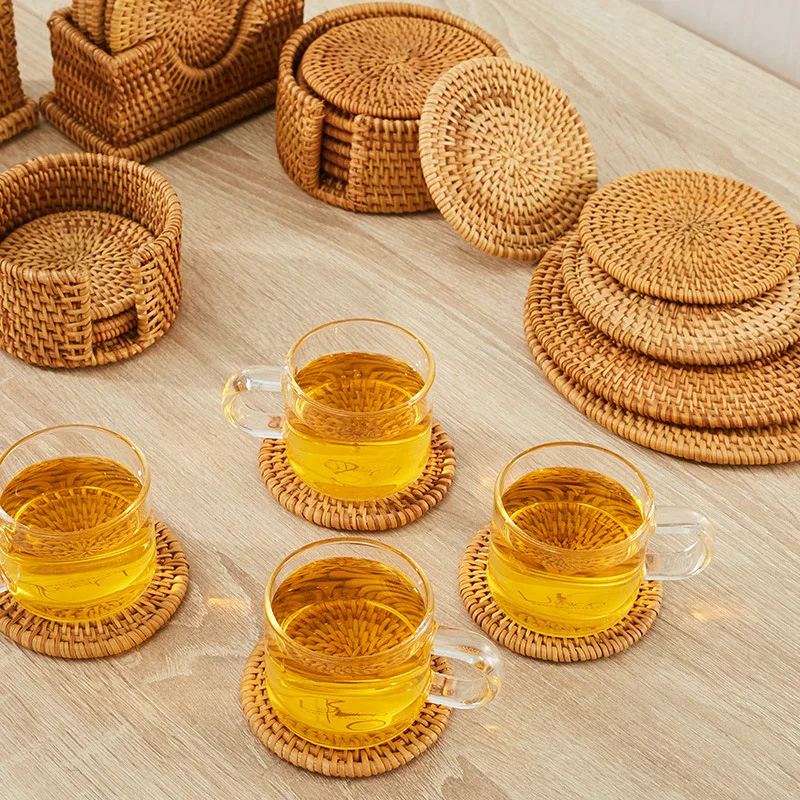 
Home choice ecofriendly Vietnam Woven Rattan Coasters with Case/ Rattan cup holders ecofriendly 