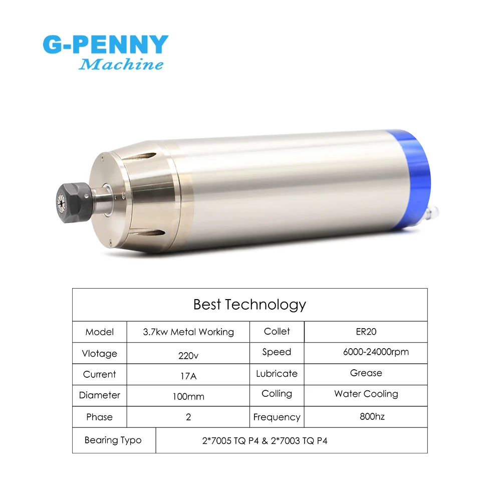 Customization 3.7KW ER20 Metal working Water cooled spindle motor 220v/380v Ceramic bearings 800Hz Pole4 cnc spindle motor