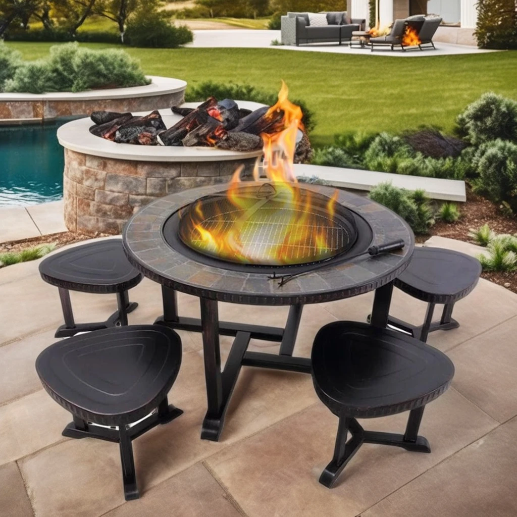 Portable 1 Table & 4 Stools Patio Outdoor Garden Furniture Set with Wood Burning Smokeless Fire Pit Dining Table and BBQ Grill