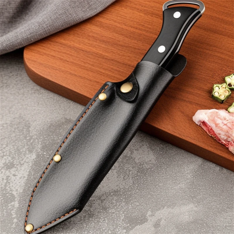Custom Hand Forged Stainless Steel Kitchen Knife with Wooden Handle and Fine Leather Sheath for Camping DIY Grade OEM Support