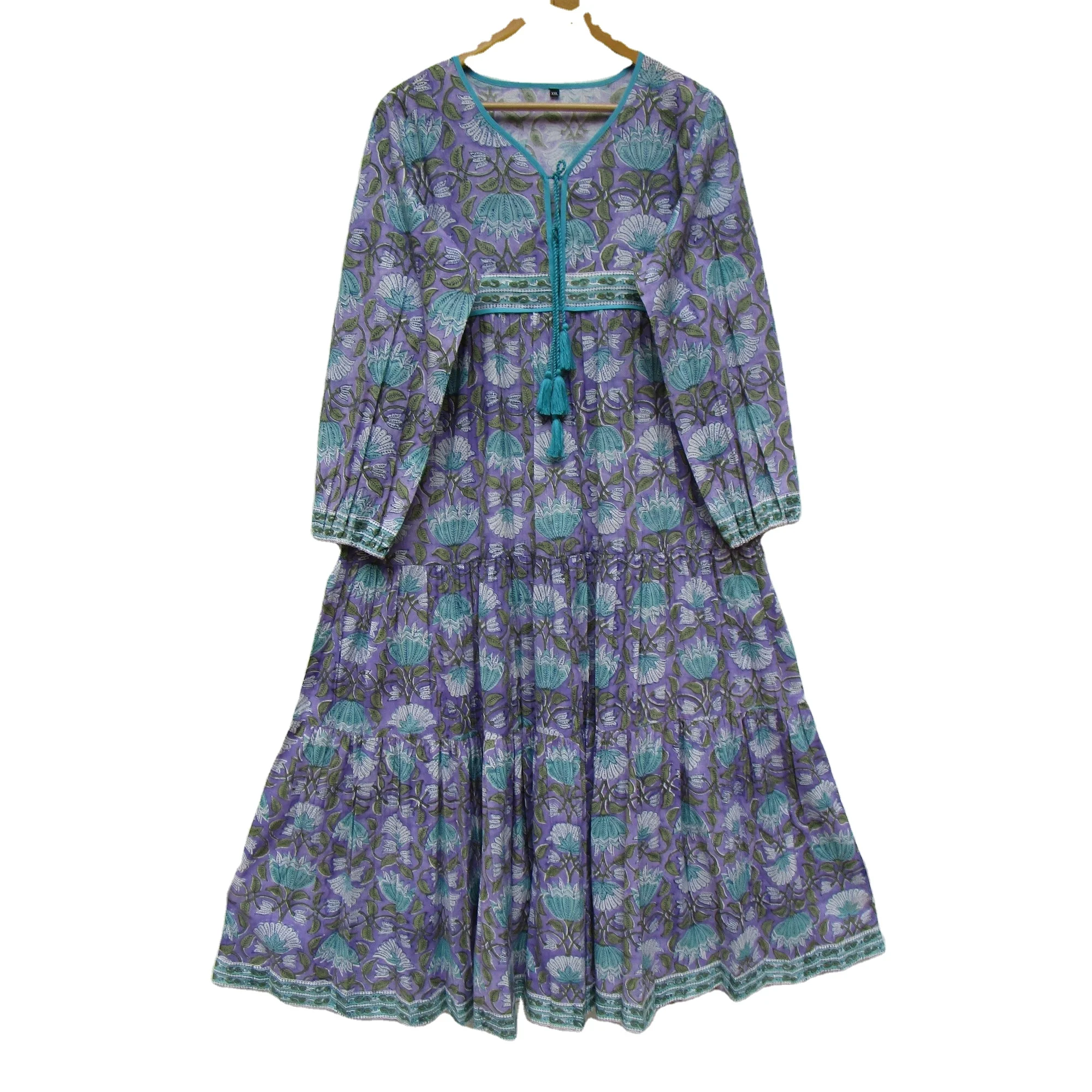 ambitious flower look hand block  printed cotton Indian maxi style look women dress - travel wear dress