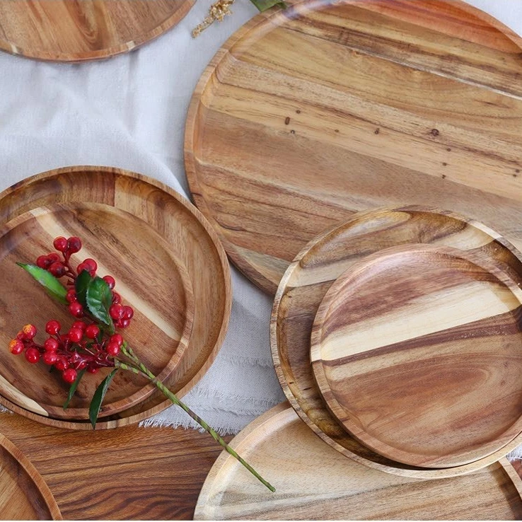 Natural Customized Creative Pizza Bread Cake Dessert Solid wooden serving tray wood Plates for food