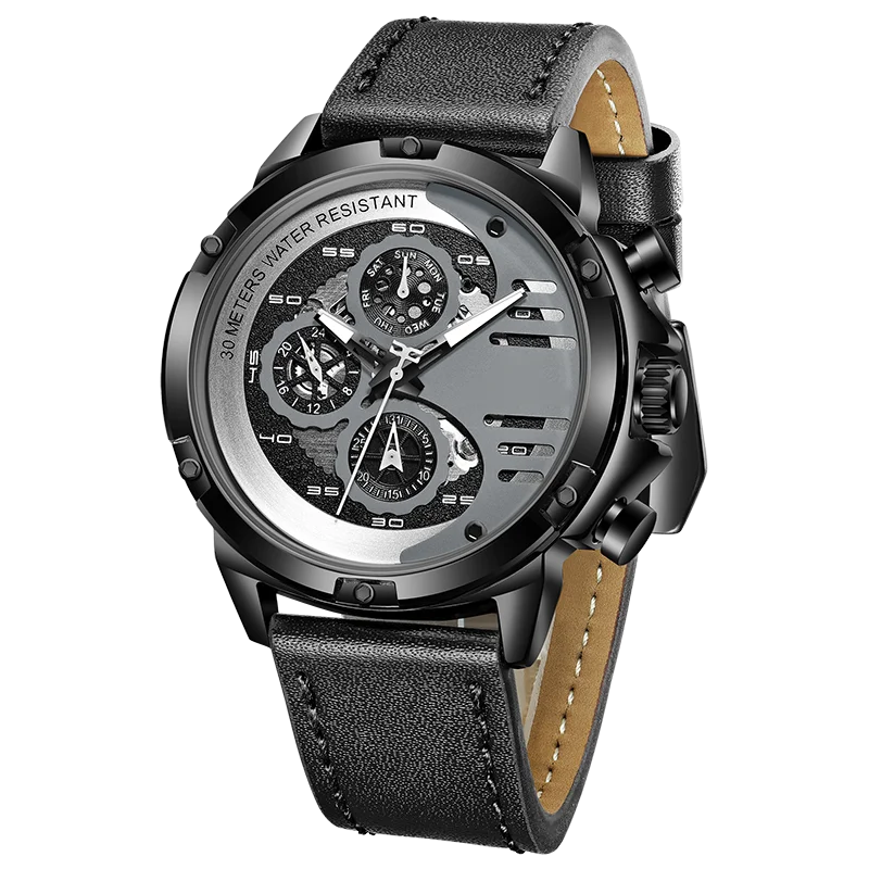 Custom boy fashion chronograph multifunction sport stereo digital hand water proof leather watch for men