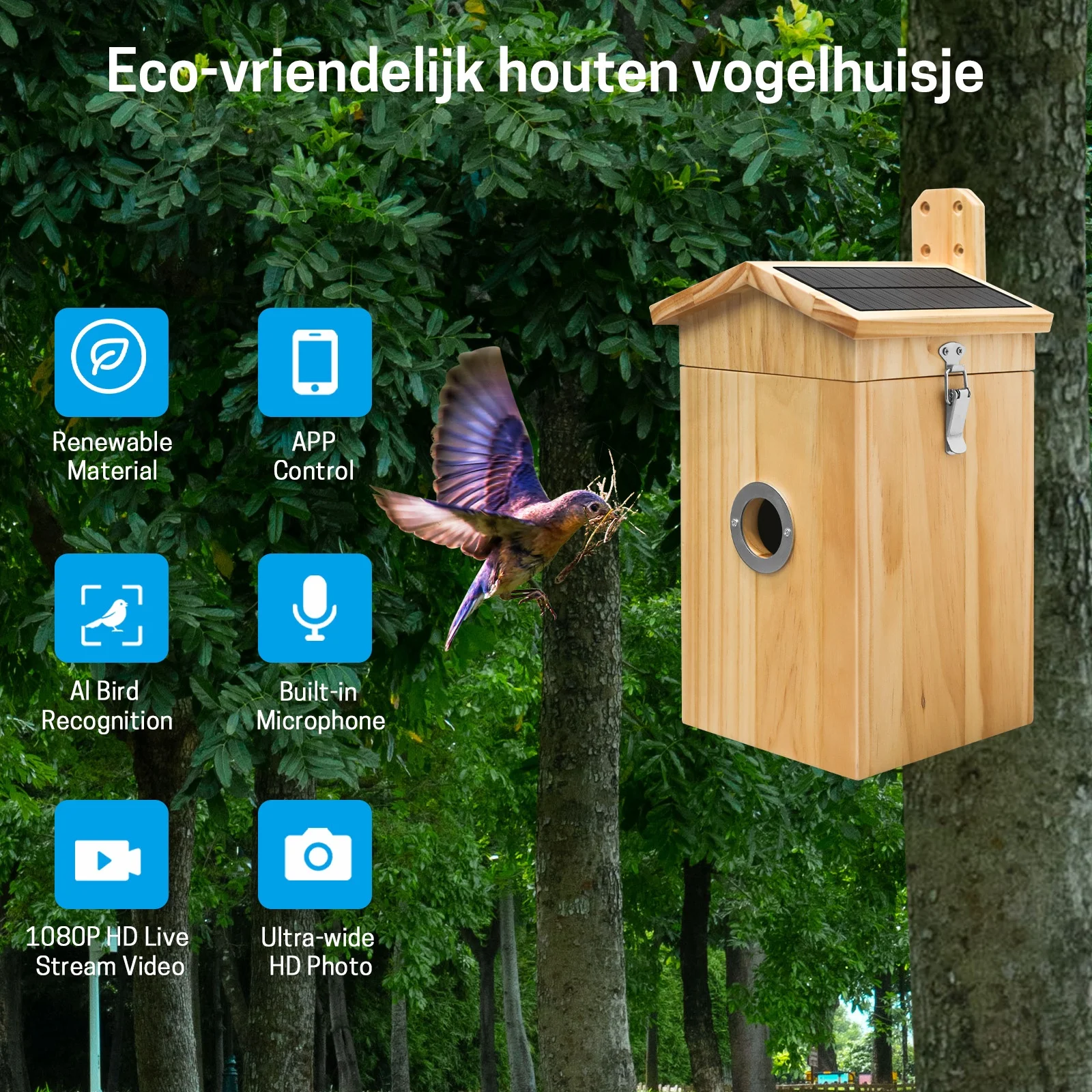 Wood Bird Nest Smart AI bird camera  with solar panel waterproof garden bird house gift for family