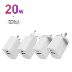 20W USB C Power Adapter for iPhone 14 13 12 Fast Charger 2-Port Wall Charger Power Delivery PD 3.0 with USB C and QC 3.0 USB A