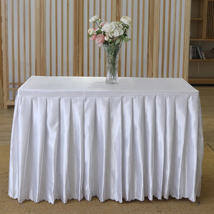 Custom High Quality Silk Satin Pure Color Table Skirt 100% Polyester Fabric Rectangle Table Linen For Banquet Dining Table Use