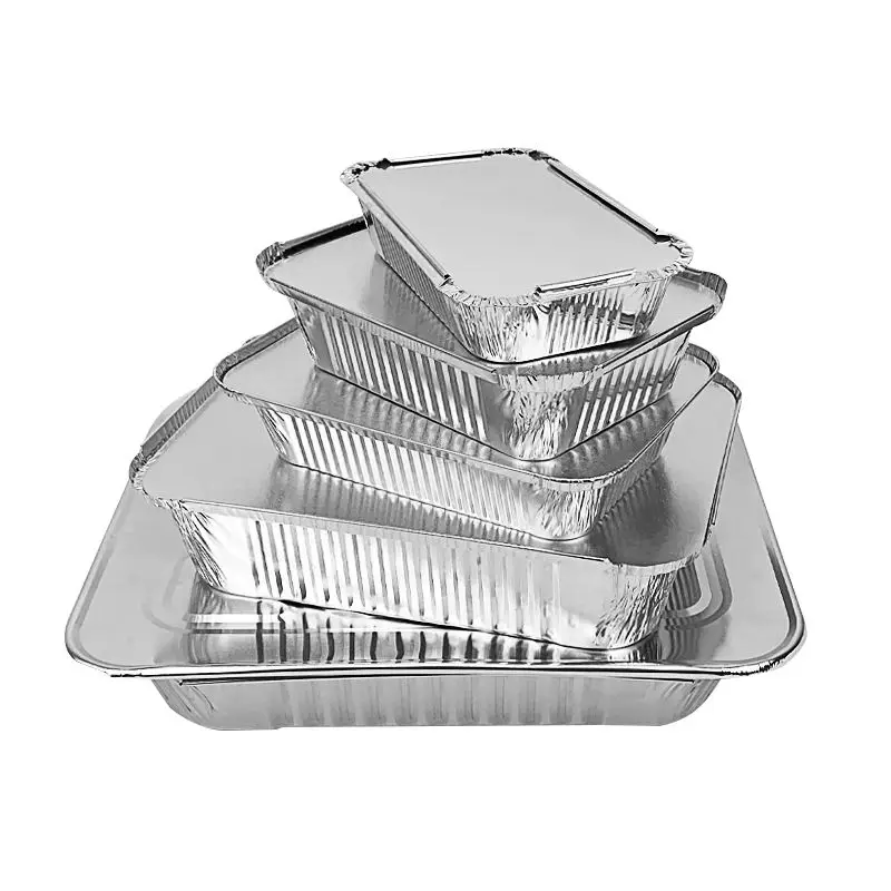 Rectangular disposable household restaurant carbon baked packaging barbecue tray tin aluminum foil lunch box with paper lid