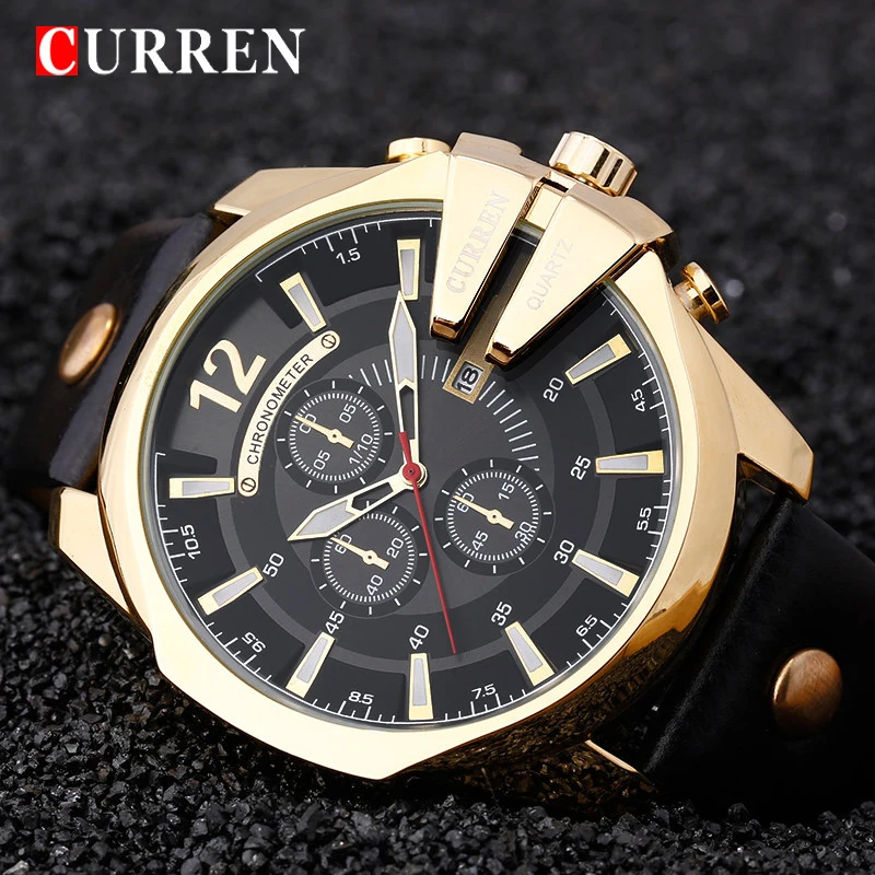 Relogio Curren 8176 Men Watches Top Brand Luxury Gold Male Watch Fashion Leather Strap Outdoor Casual Sport Watch With Big Dial