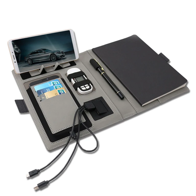 New business gift sets pu leather high quality A5  Powerbank  Notebook 8000mA Wireless Charger Planner with Phone Holder