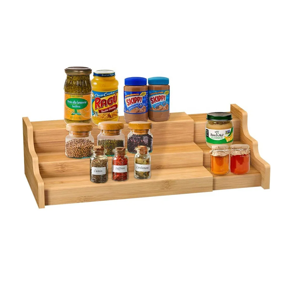 Expandable kitchen organizer rack cabinet accessories free-standing bamboo 3 tier seasoning holder wooden spice rack