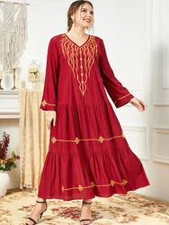 Pure Red with Gold Embroidered 2022 New Wholesale Long Abaya Women Muslim Dress Pleat Designs L-4XL Clothes Women Muslim Fashion