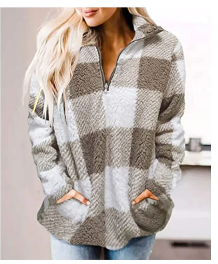 High Quality Woman Wool Plaid Coat Long Sleeve Warm Fleece Women Plaid Woolen Coat