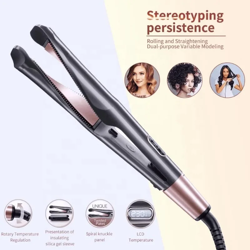 New Arrival 2 In 1 Instant Heating Twist Straightening Hair Straightener Flat Iron and Curling Iron with Digital LCD Display