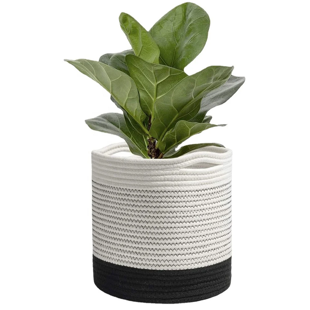 Environmentally Handmade Cotton Rope Hand Woven Plant Basket for Decorative Home Flower Pot