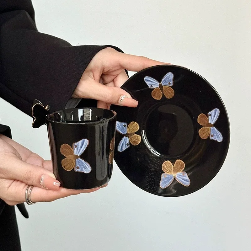 Lelyi Factory Direct Selling French Retro butterfly Handle Ceramic Coffee Cup and Saucer Light Luxury Mini Afternoon Tea Cup Set
