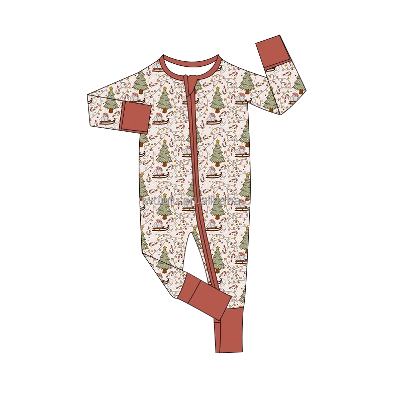 Custom Boutique Kids Christmas Printed Romper Bamboo Fabric Two Way Zippy Pajamas Jumpsuit With Cover Hand And Feet Wholesale