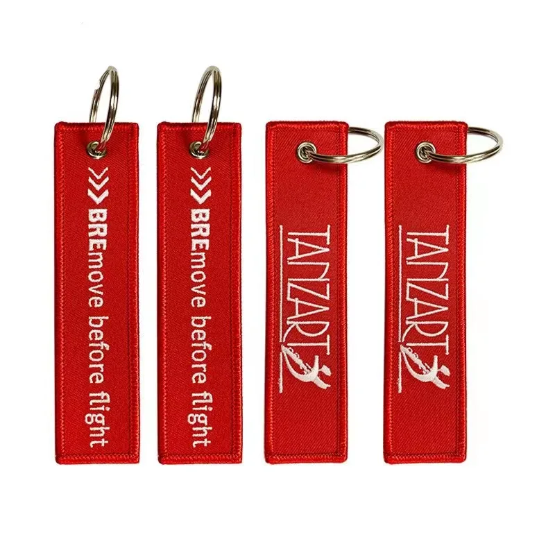 Custom Promotional Logo cars Remove Before A Flight Crew Double Sided  Embroidery Woven Fabric Embroidered Key Jet Tag Keychain
