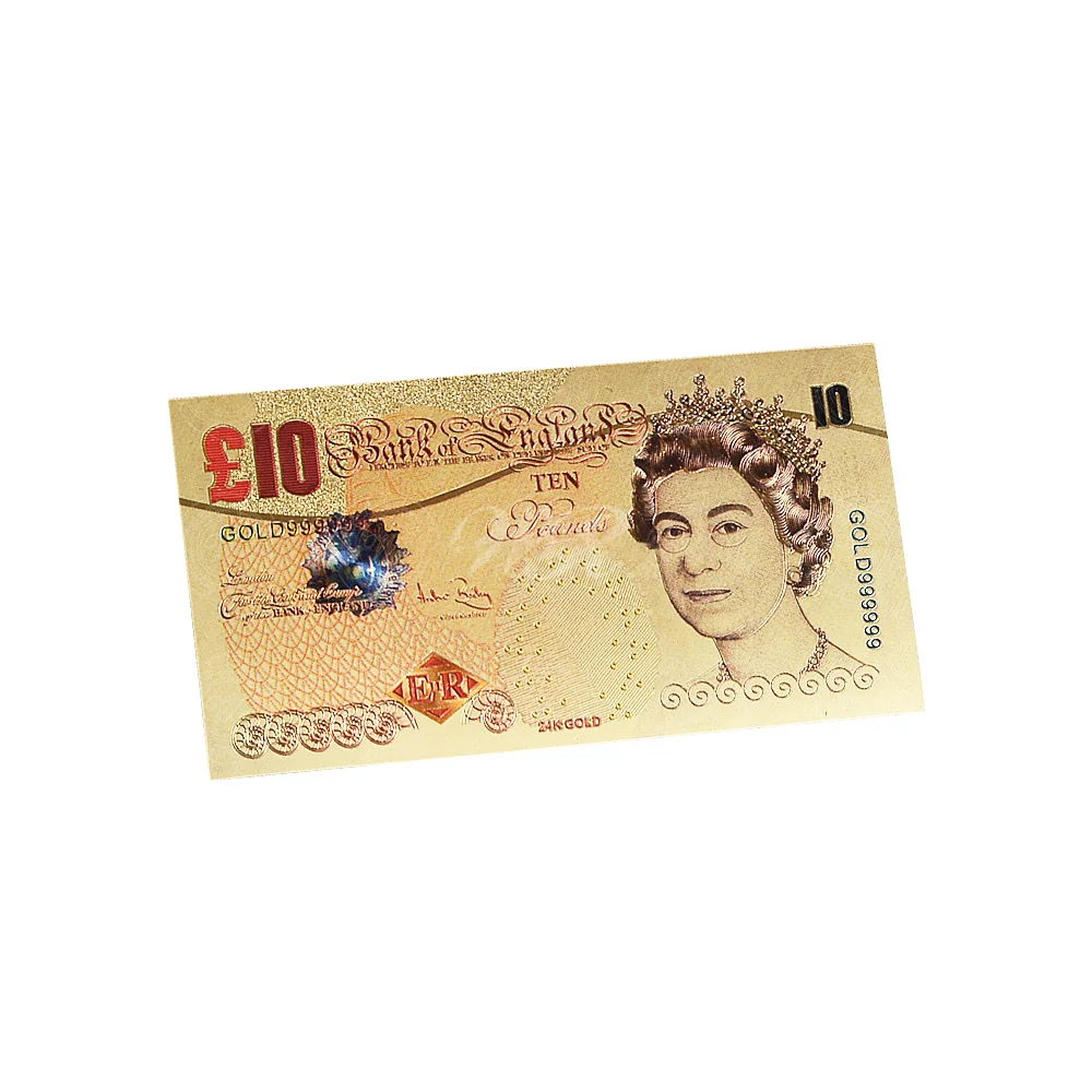 Wr Colored United Kingdom Banknote 24 Kt Gold Leaf 10 Pound Bill Banknote Craft for Collection