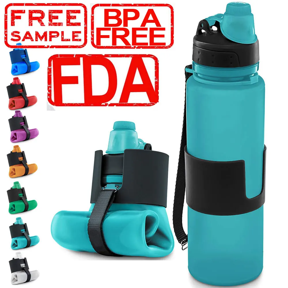 FREE SAMPLE Foldable Water Bottles Leakproof  Portable for Sport Gym Travel Reusable BPA Free Silicone Collapsible Water Bottle