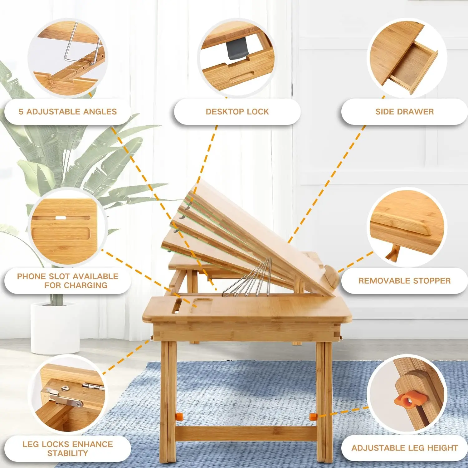 Custom Logo Bamboo Folding Serving Breakfast Food Bed Table Tray Adjustable Height Legs With Phone Holder
